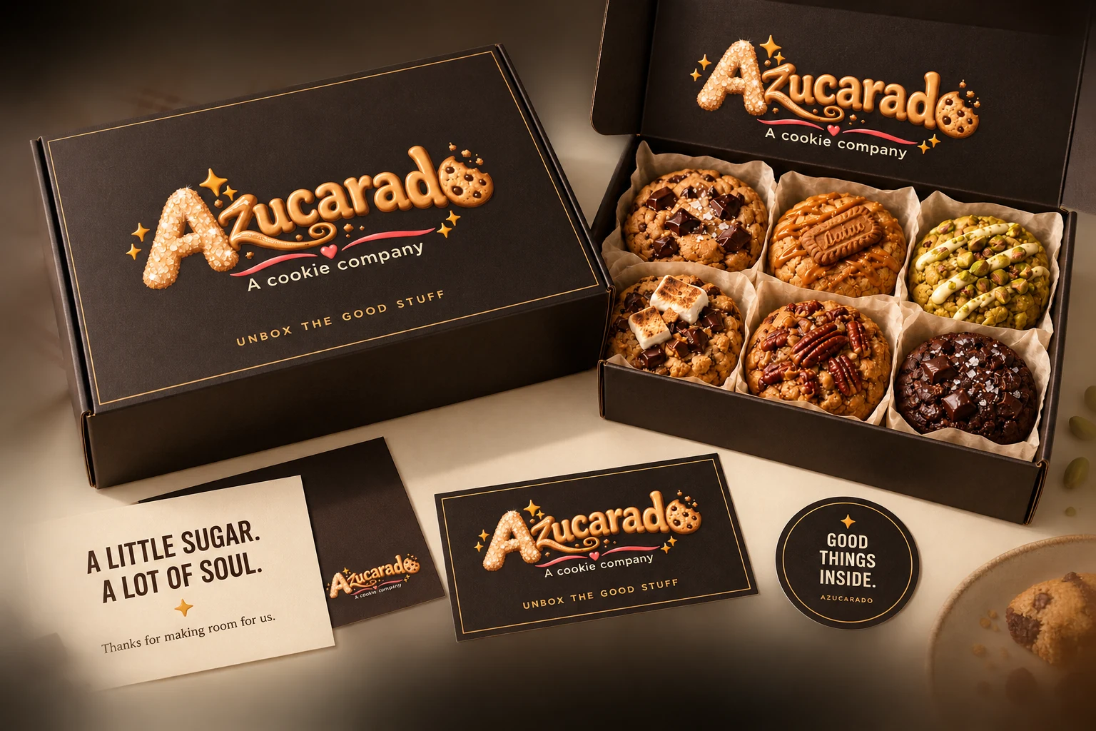 Azucarado packaging concept: chocolate-brown cookie boxes with the gold logo, a thank-you card and a round seal
